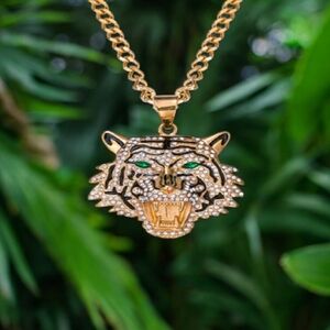 NEW Ed Hardy Stainless Steel 26" Necklace, Unisex, Gold Tiger Pendant, NWT Y2K